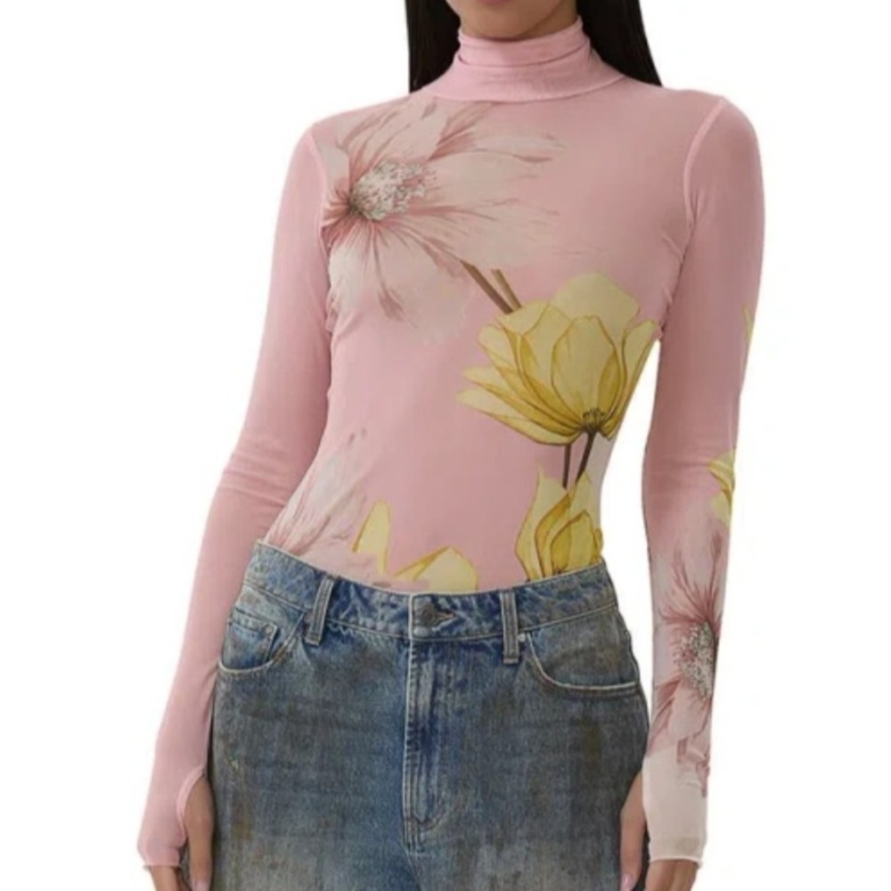 AFRM Shirt Turtleneck Suze XXS Pink Floral Mesh Sheer Long Sleeve Zadie